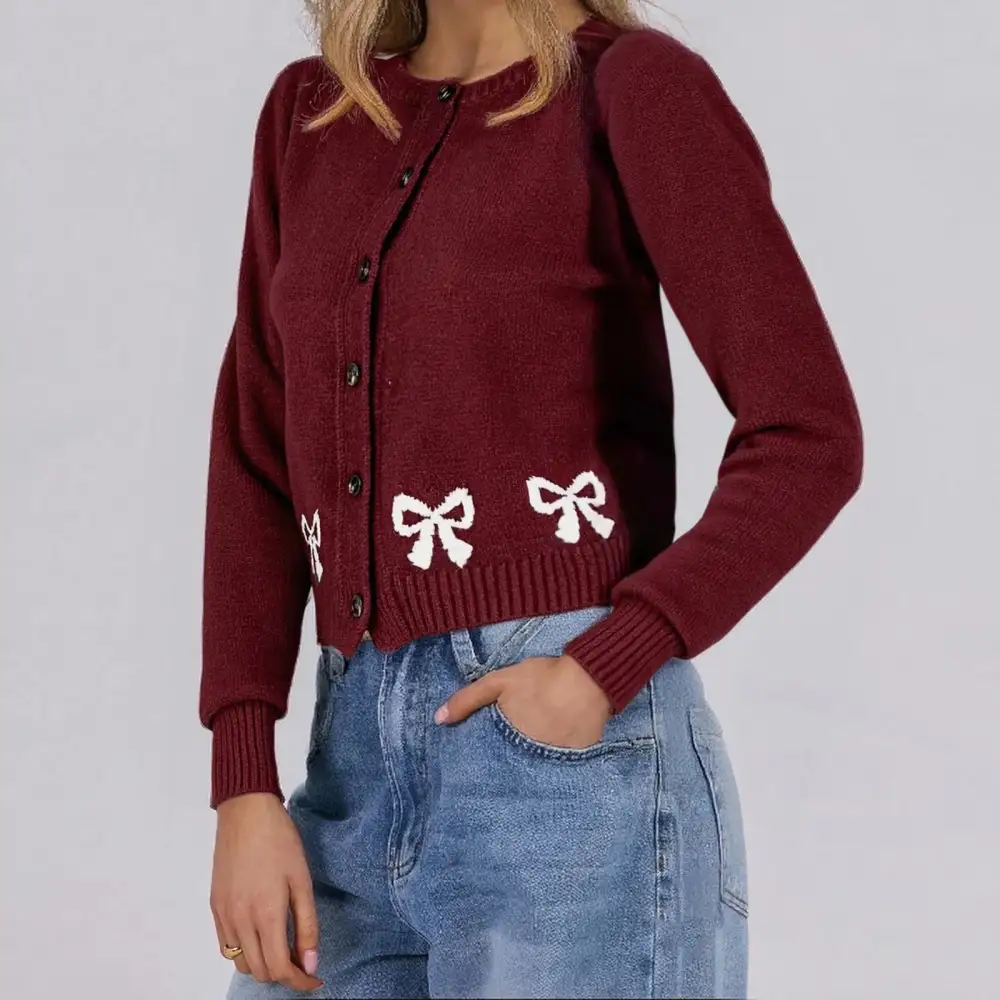 Bow Print Crew Neck Knit Cardigan