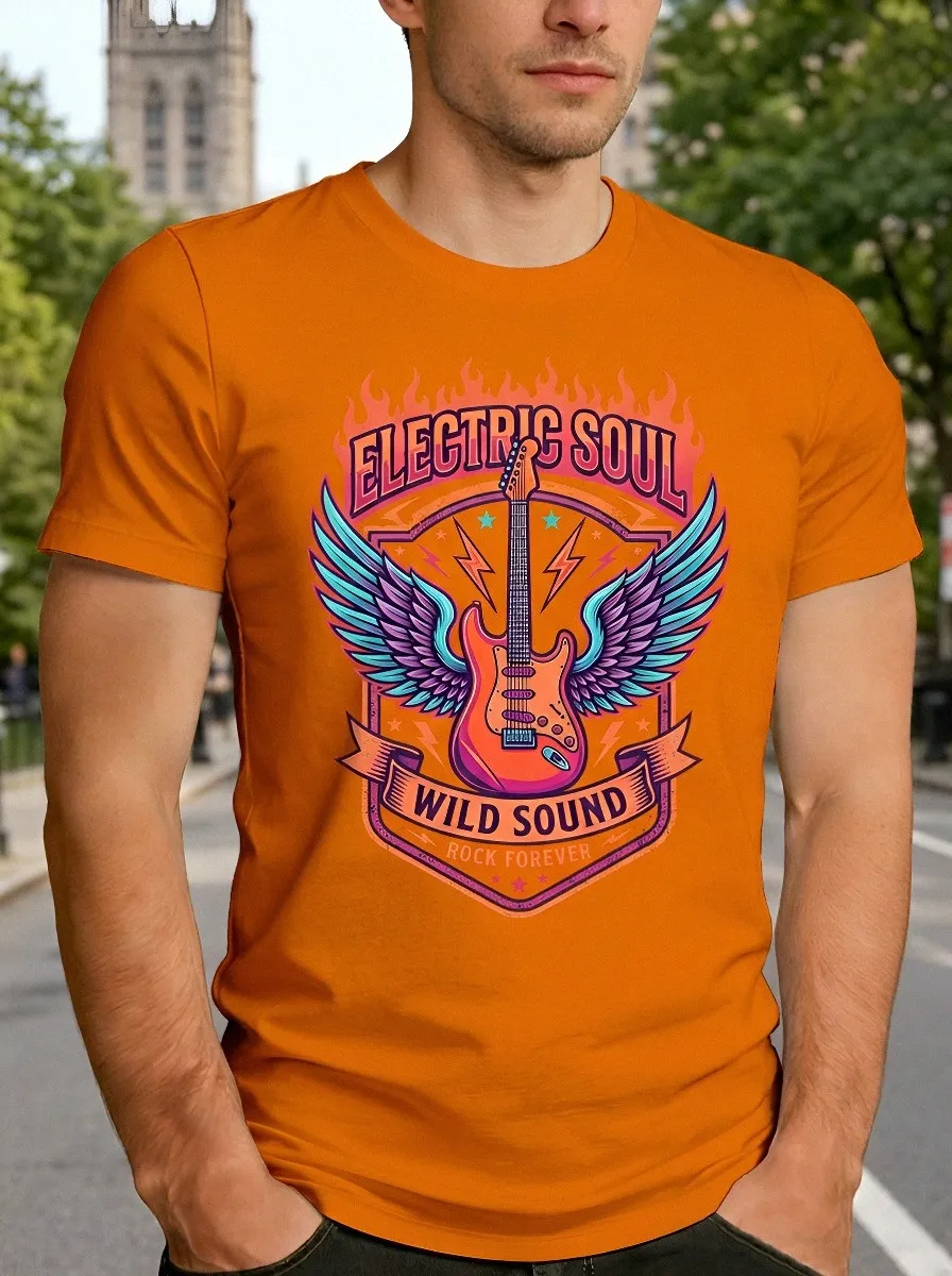 Men's Rock Music Lover Electric Guitar Wings Printed T-shirt