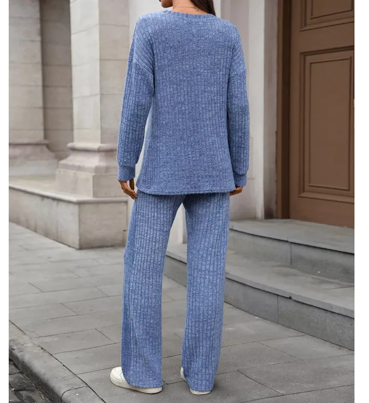 Relaxed Ribbed Round Neck Top and Pants Set