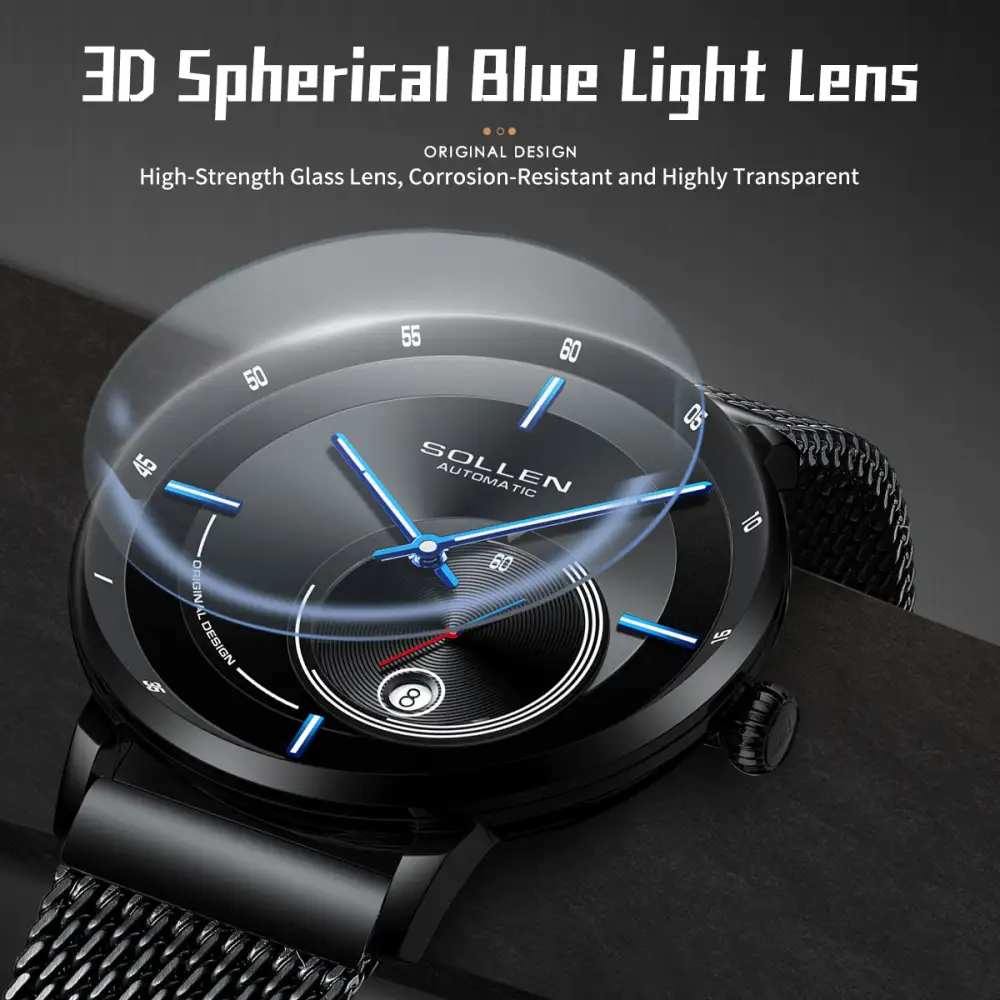 Sollen SL307 Men's Full Skeleton Automatic Mechanical Watch - 42mm Stainless Steel Case Slim 9.9mm Roman Numeral Bezel Mesh Bracelet Wristwatch