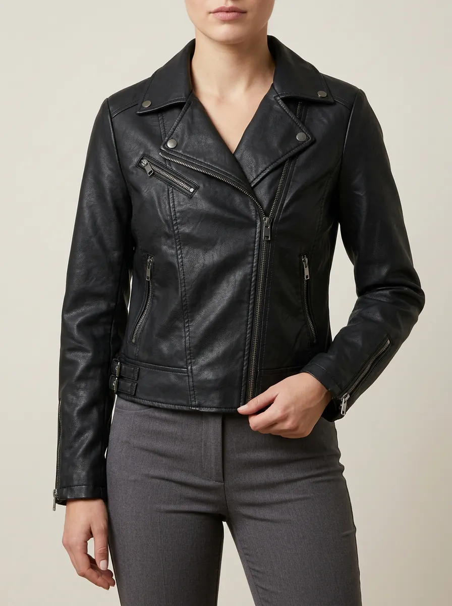 Women's Black Faux Leather Biker Zipper Jacket with a Chest Pocket