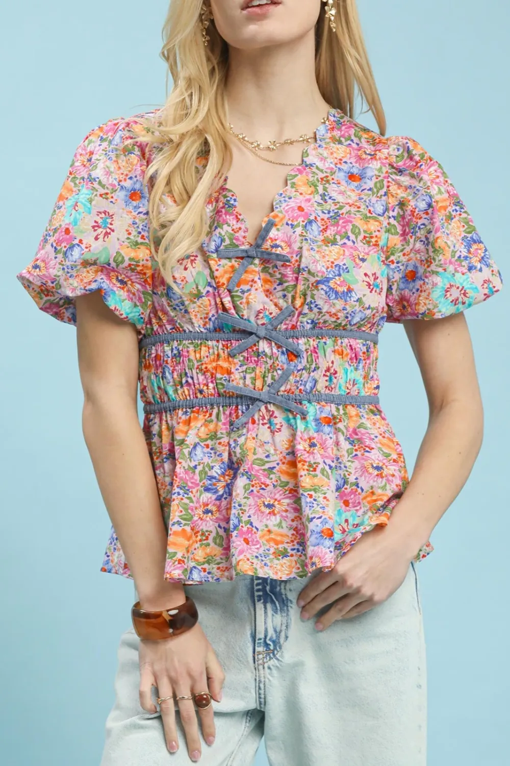 Smocked-Waist Floral Bow-Detail Blouse