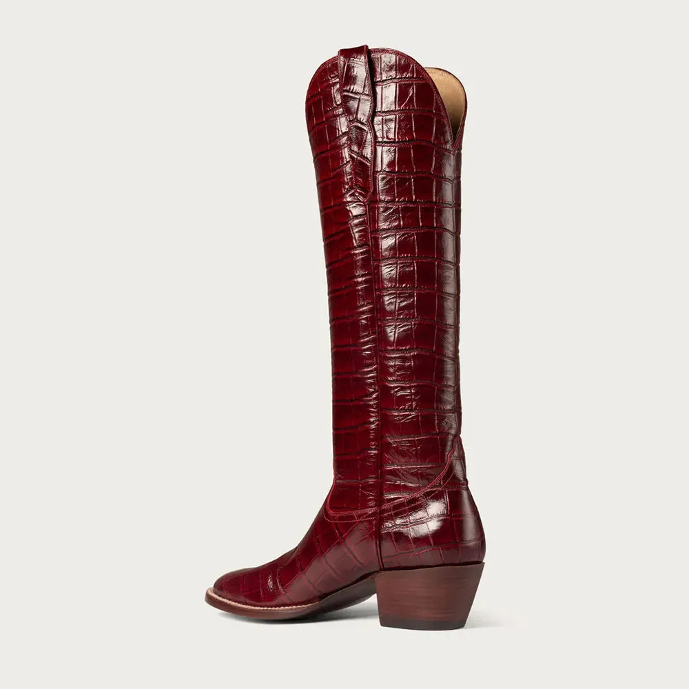 Faux-Leather Crocodile-Embossed Round-Toe Chunky-Heel Knee-High Boots