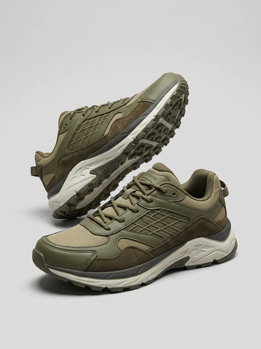 Hiking-Inspired Suede-Panel Mesh-Panel Casual Sneakers