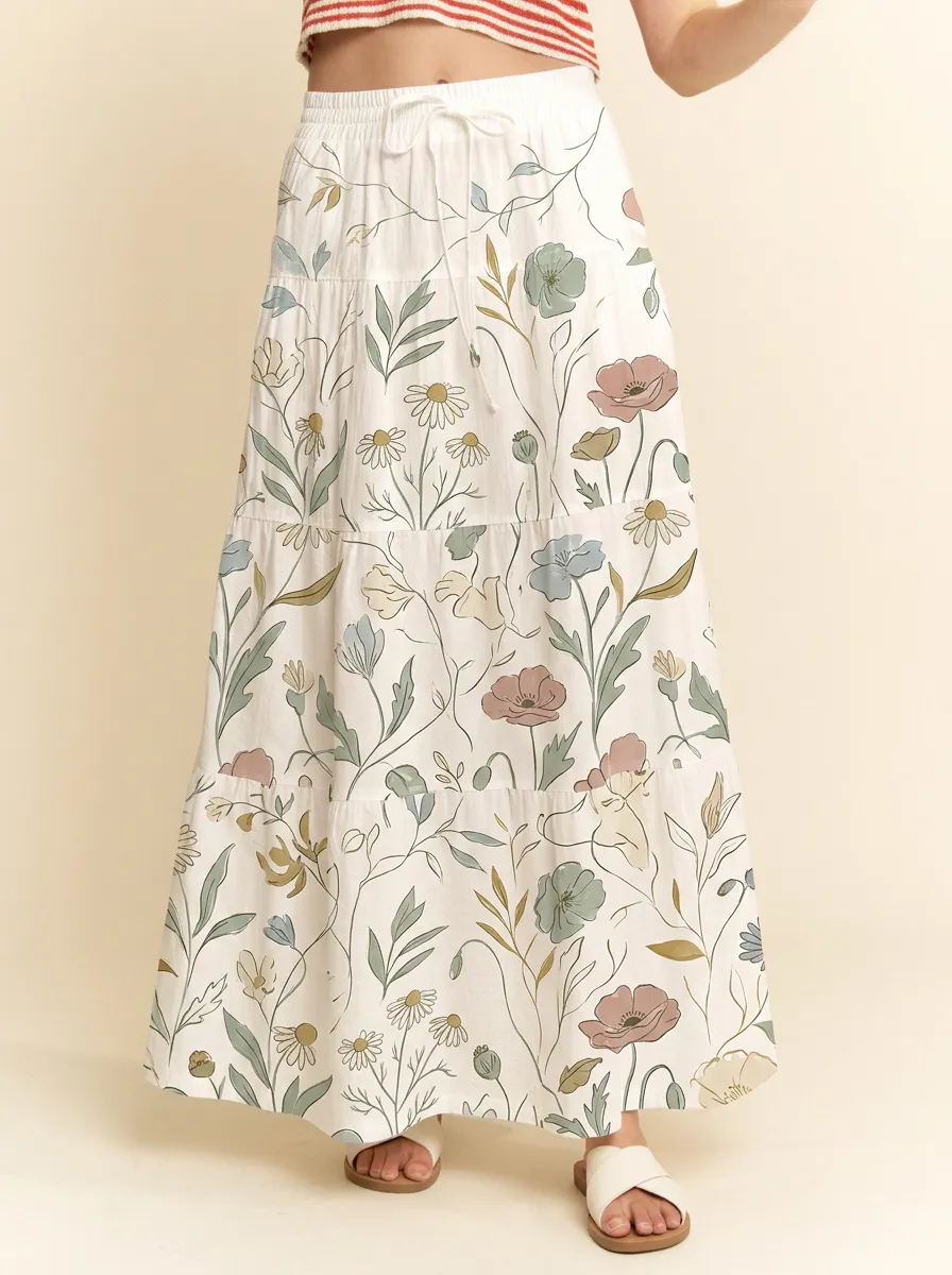 Women's Boho Floral Garden Wildflower Printed Maxi Skirt