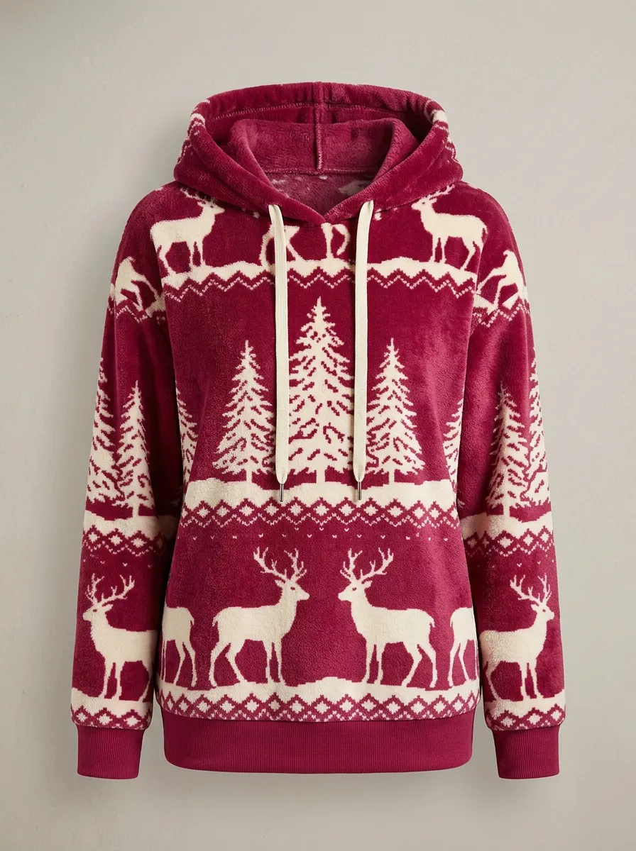 Women's Christmas Reindeer Pine-Tree Fair-Isle Hoodie