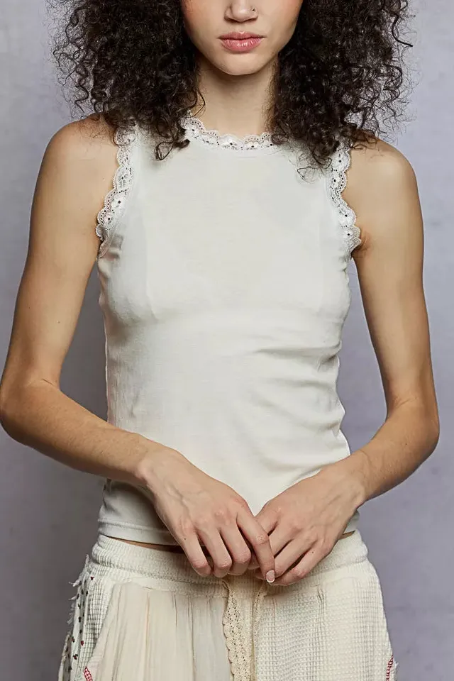 Round-Neck Cropped Lace-Trim Tank Top