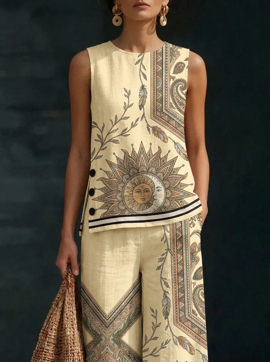Women's Boho Sun Moon Paisley Printed Sleeveless Set