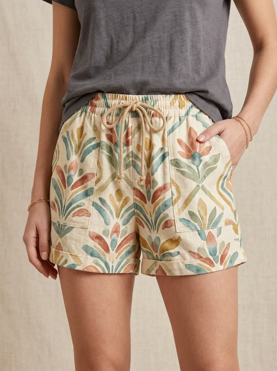 Women's Boho Floral Pattern Watercolor Printed Shorts
