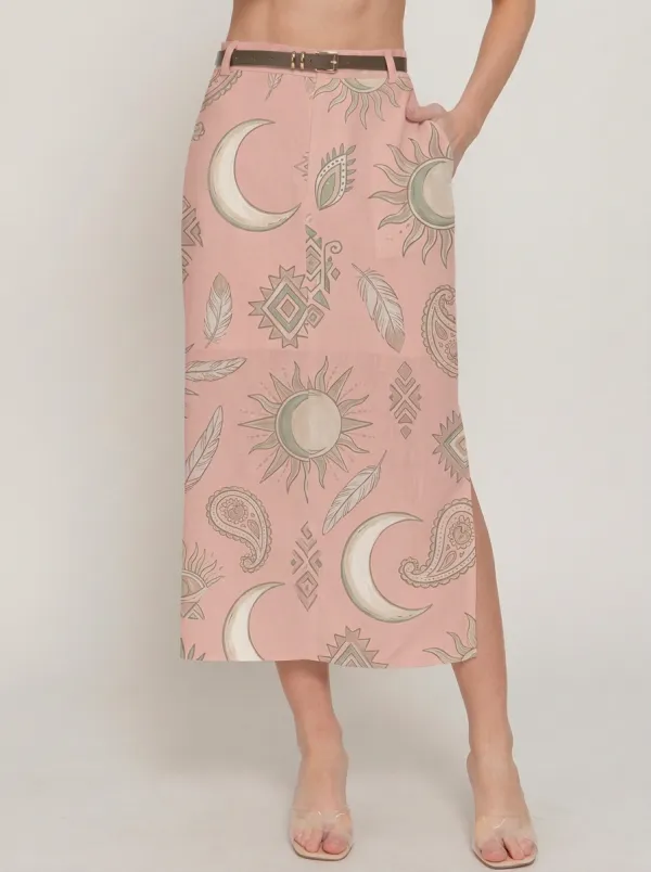 Women's Boho Celestial Sun Moon Feather Printed Midi Skirt