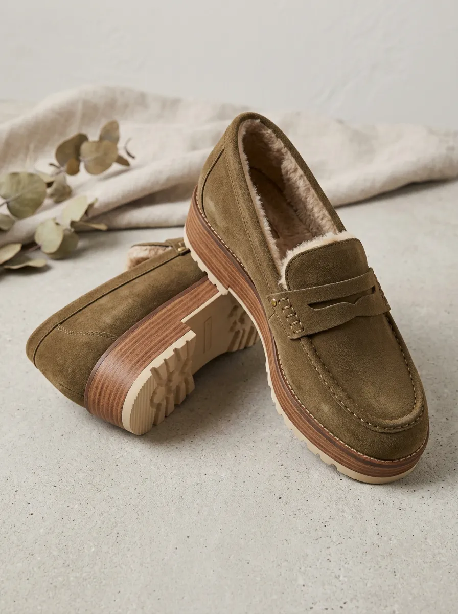 Women's Versatile Faux Fur Lined Platform Suede Wood Sole Loafers