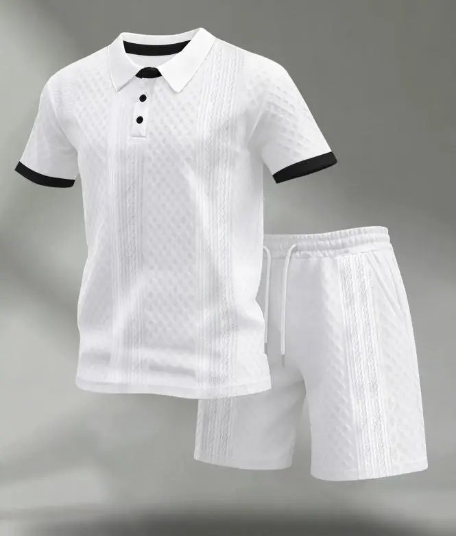 Men's Colorblock Polo Shirt & Drawstring Shorts Set, Textured Knit Short Sleeve, Casual Daily Wear, Summer Tropical Fashion Choice, Menswear, Clothes