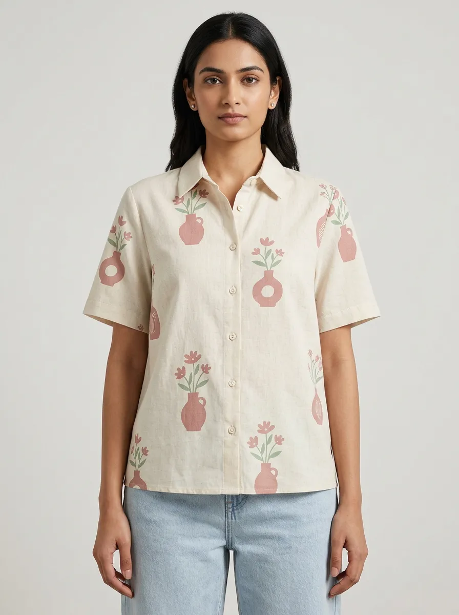 Women's Button-Front Graphic Floral-Motif Shirt