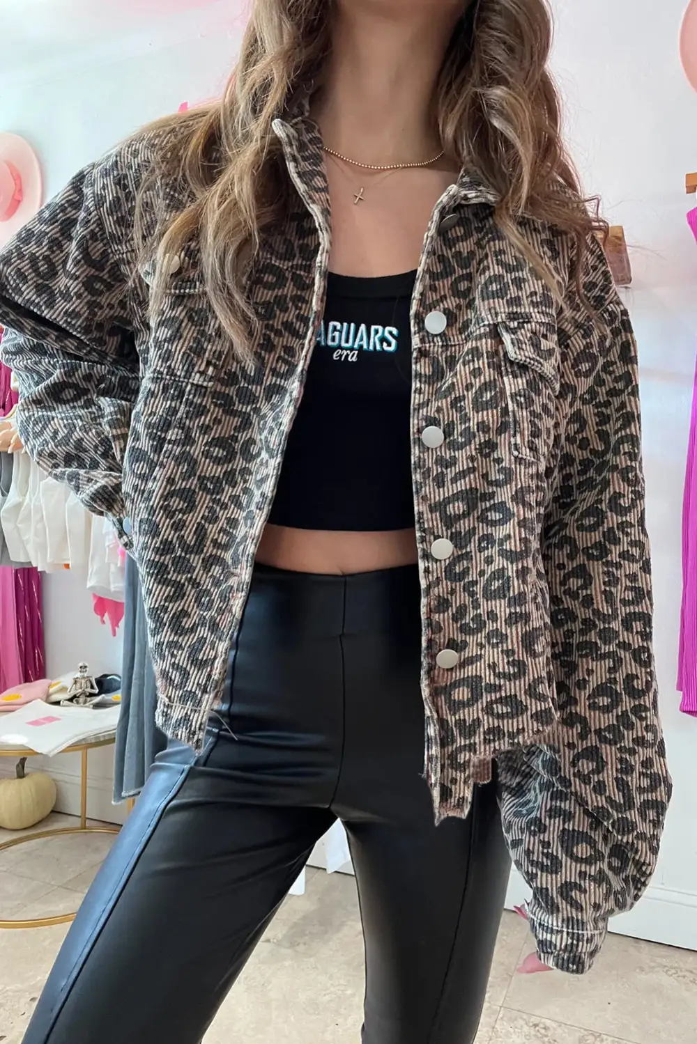 Women's Leopard Print Corduroy Irregular Hem Buttoned Jacket