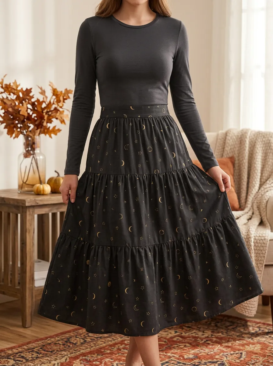 Women's Halloween Celestial Moon Star Printed Tiered Skirt