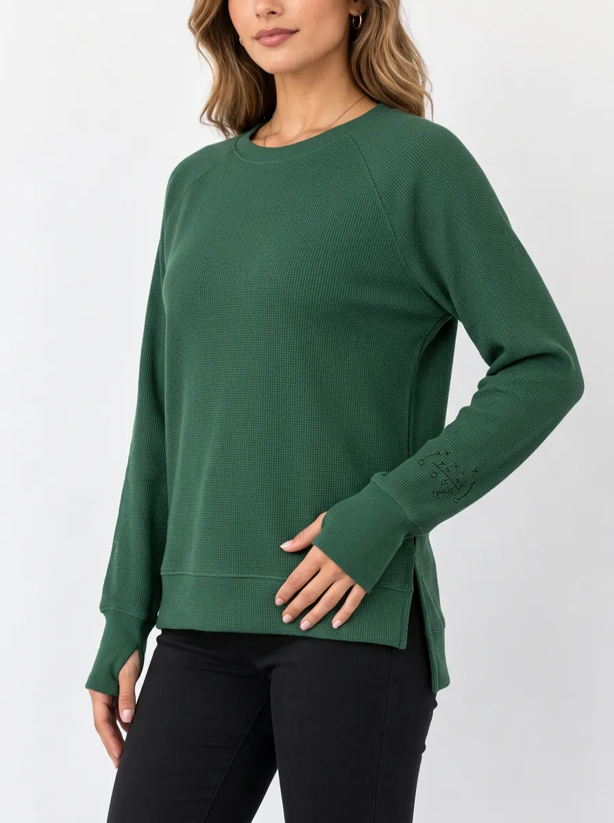 Women's Playbook Embroidered Raglan Thumbhole-Cuff Waffle-Knit Crewneck Sweatshirt