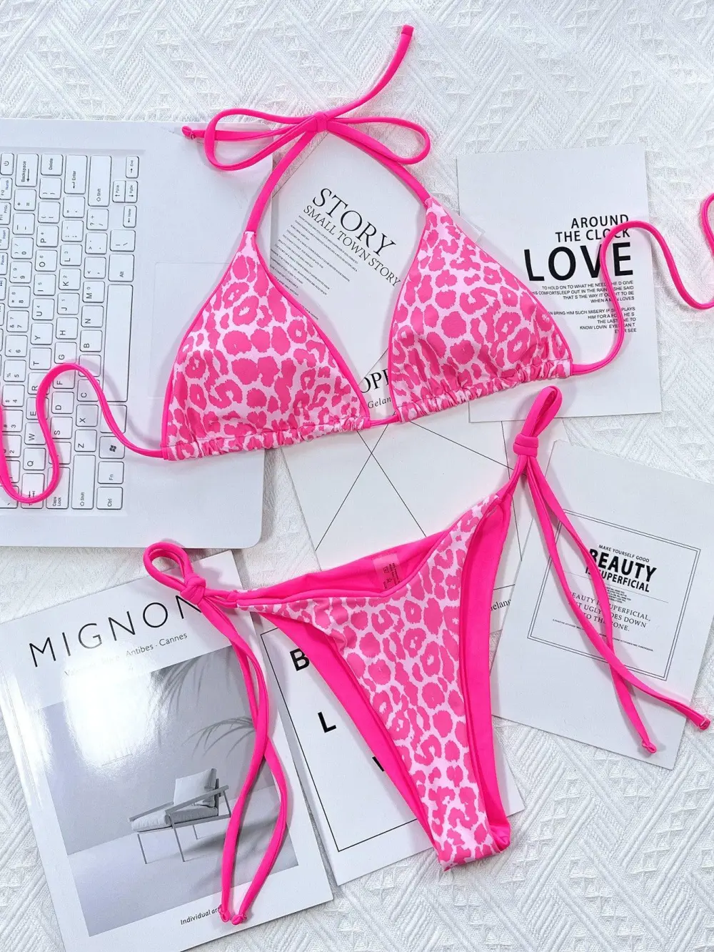 Leopard Print Halter Neck Tie Bikini Swim Set