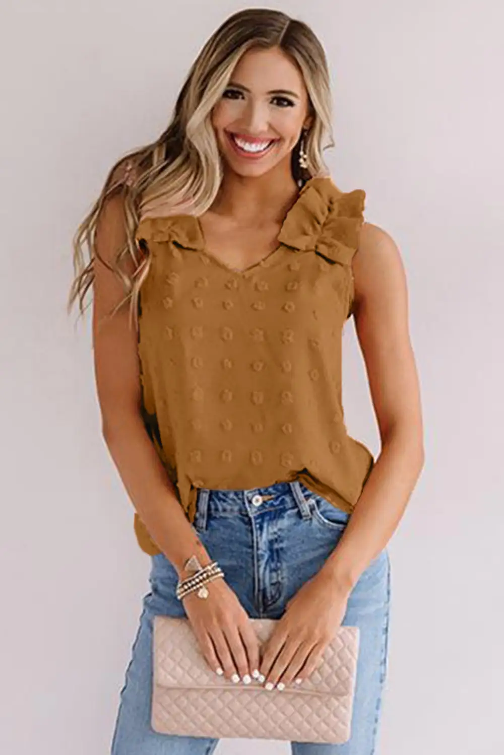 Swiss Dot Woven Sleeveless Top With Ruffled Straps