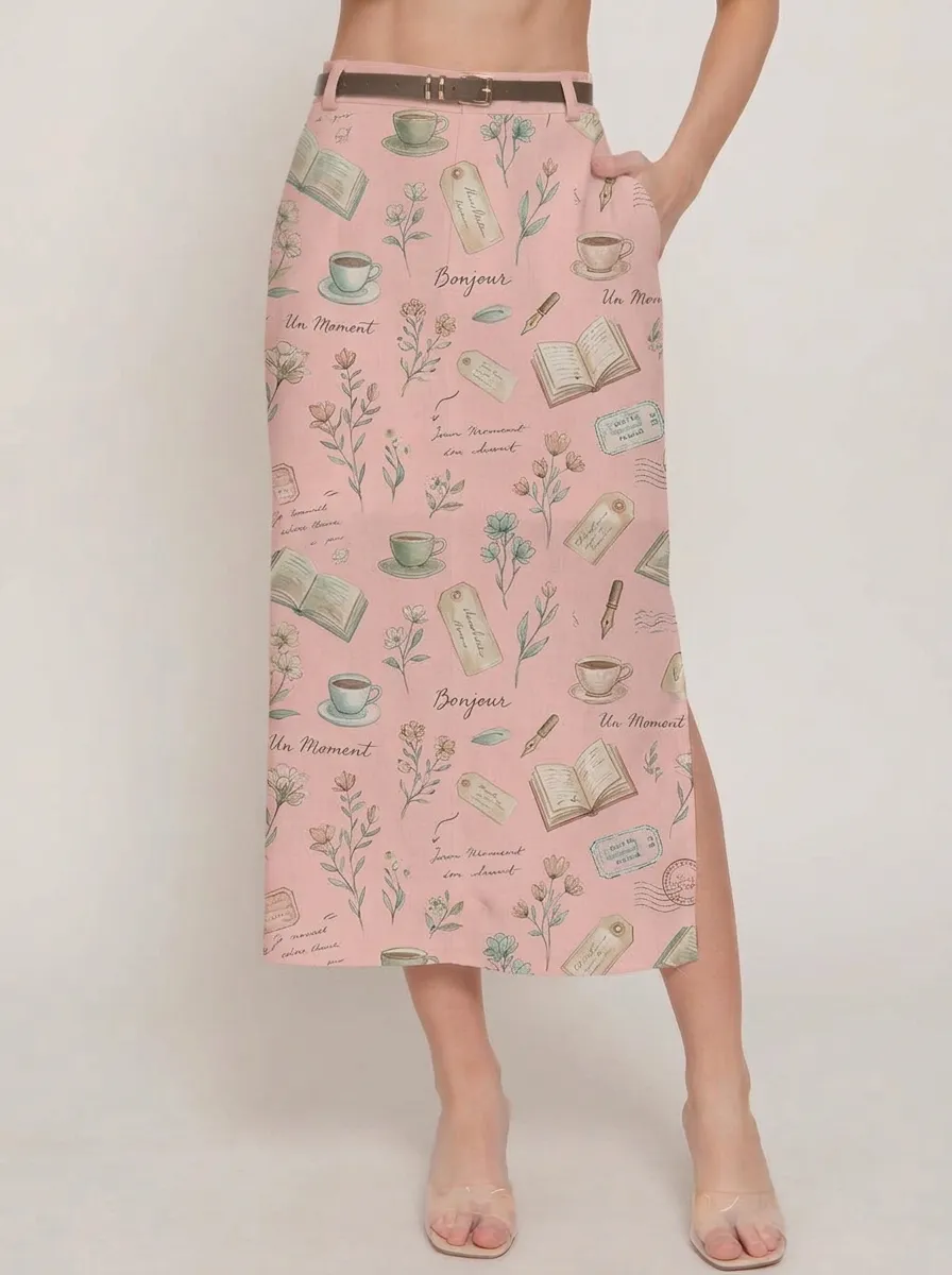 Women's Book Lover Coffee Floral Stationery Printed Midi Skirt