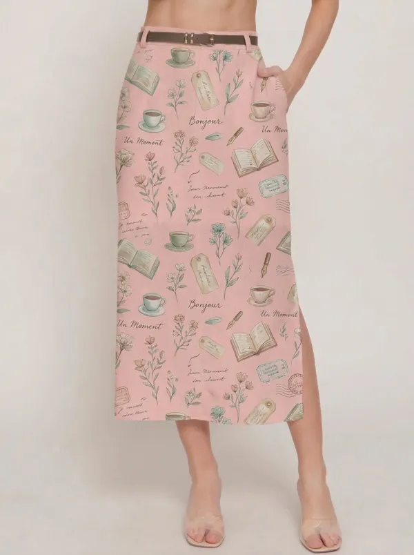 Women's Book Lover Coffee Floral Stationery Printed Midi Skirt