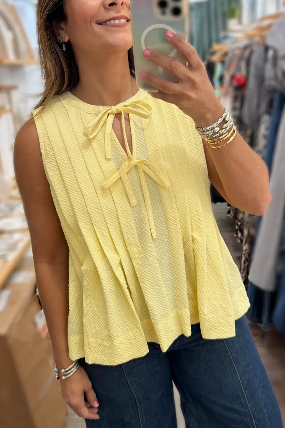 Notched-Neck Bow-Tie Pleated Relaxed-Fit  Tank Top