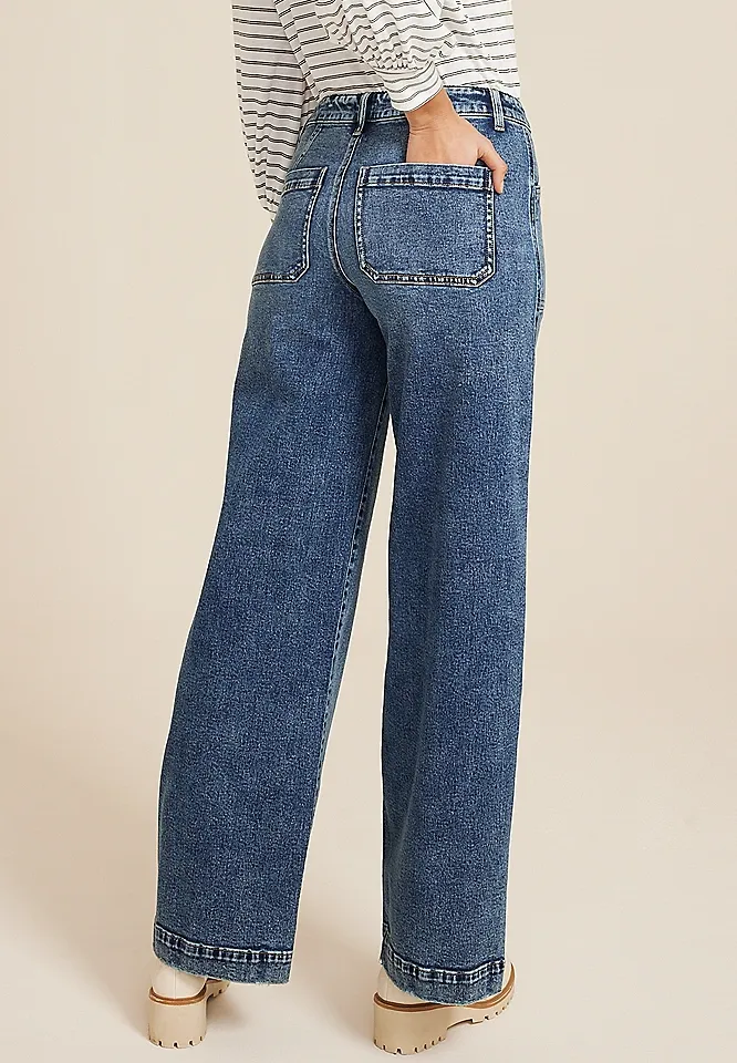 Casual Style Patch Pocket High Rise Wide Leg Jean