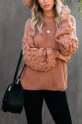 Women's Cute Oversized Crewneck Loose Puff Sleeves Chunky Knit Pullover Sweater