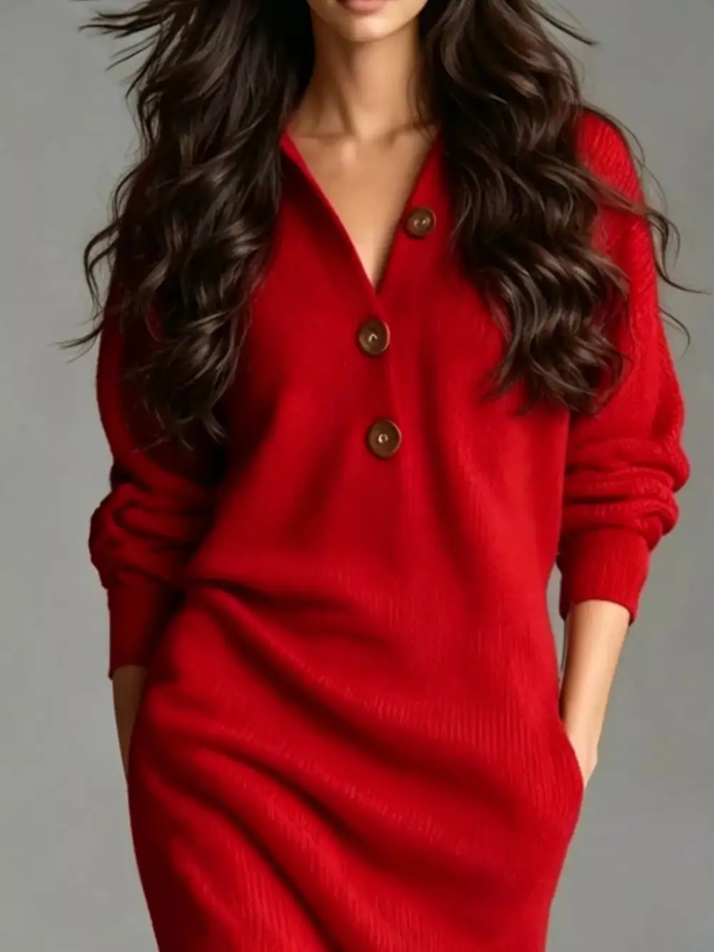 V-Neck Sweater Knit Pocketed Dress