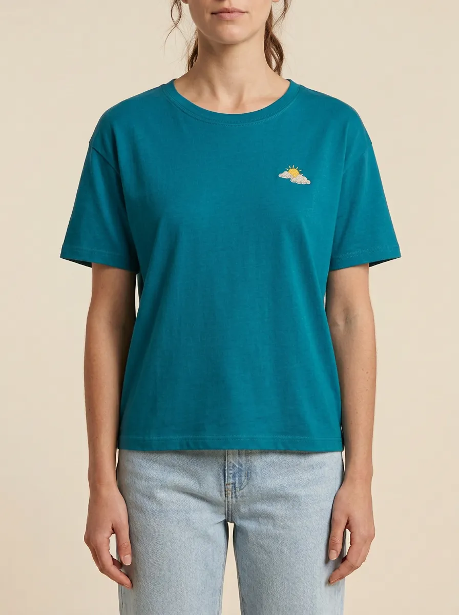 Women's Minimalist Sun & Cloud Embroidered Crewneck T-Shirt