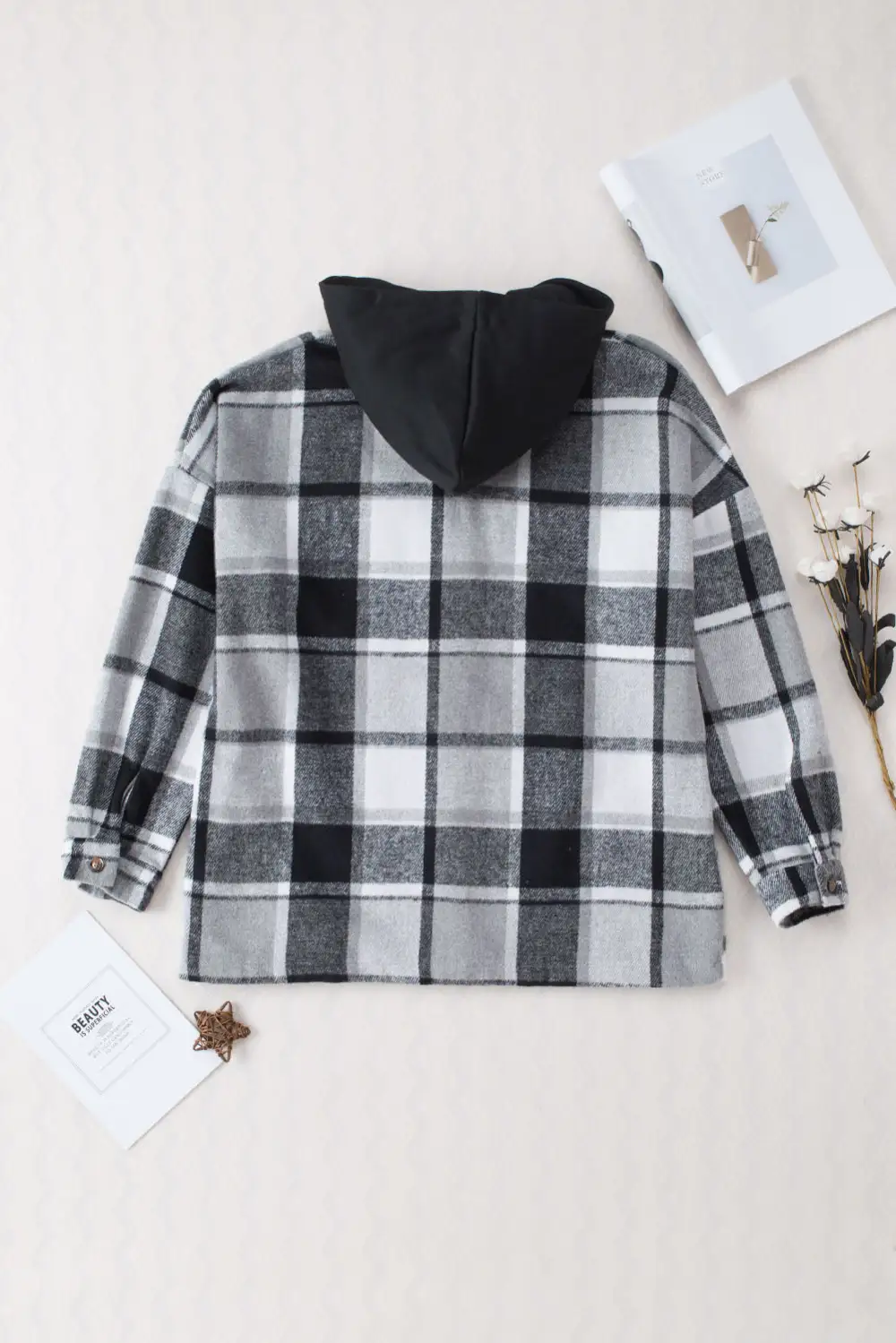 Hooded Plaid Button Front Shirt Jacket