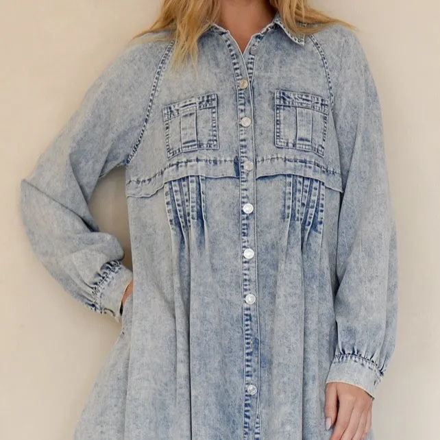 Denim Long Sleeve Button Front Collared Dress