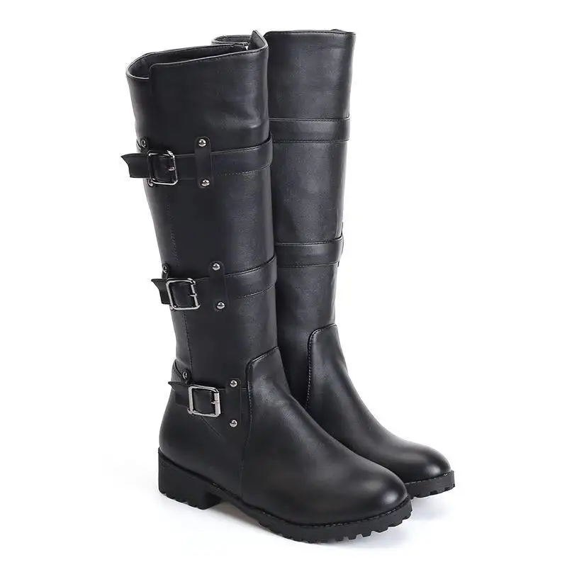 Low-Heel Knee-High Biker Boots
