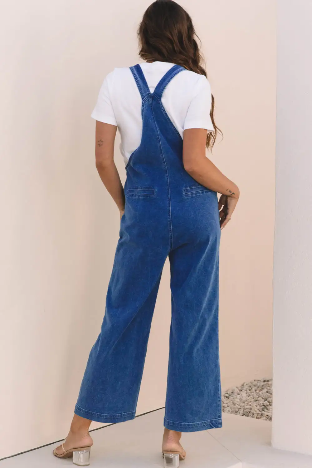 Mineral Wash Knotted Strap Patched Pocket Wide Leg Denim Overall