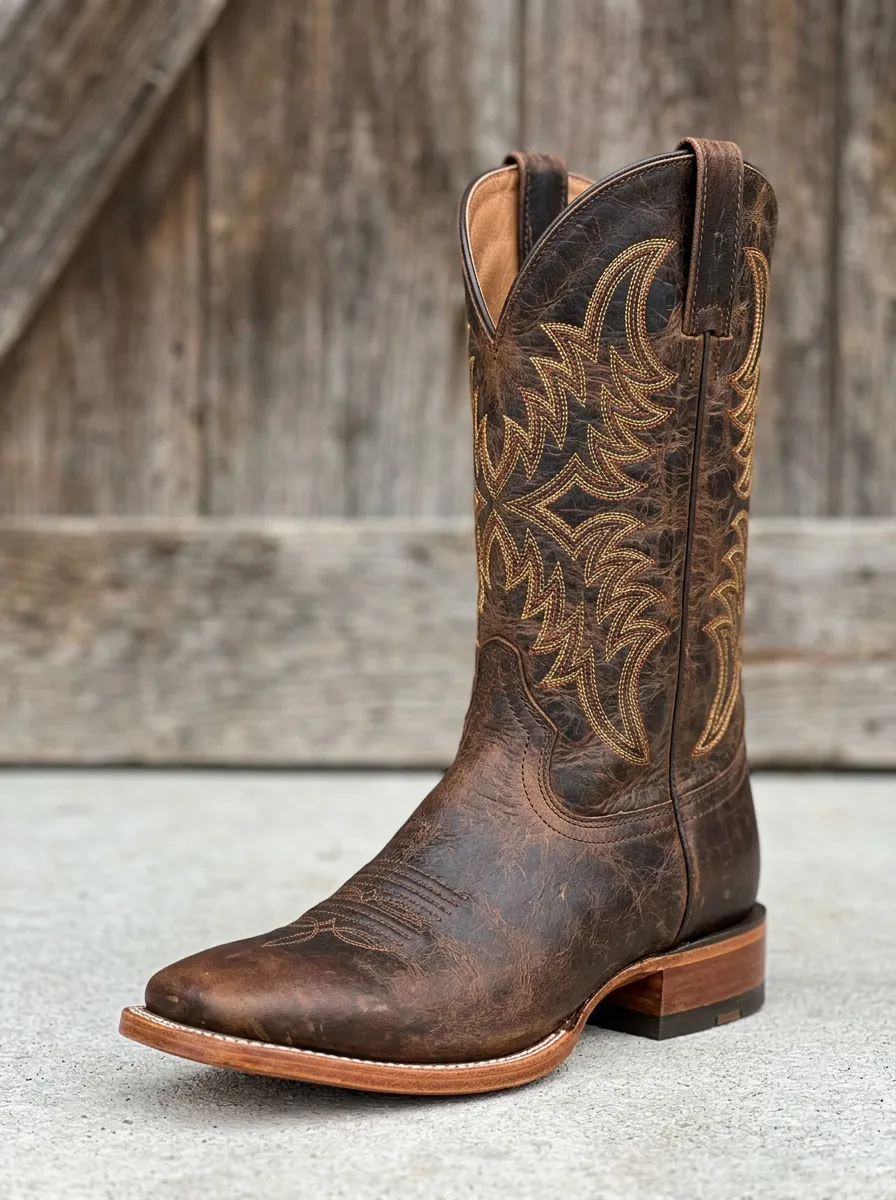 Western Heritage Embroidered Distressed Leather-Look Pattern Men's Western Cowboy Boots