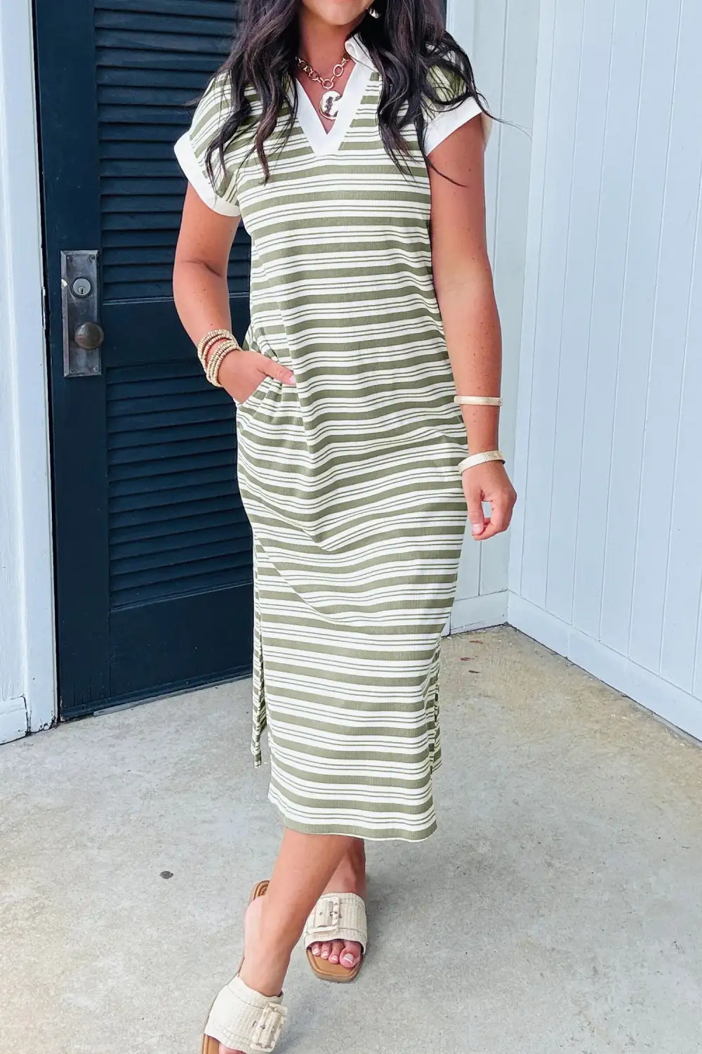 Stripe Short Sleeve V Neck Collared Pocket Everyday Midi Dress