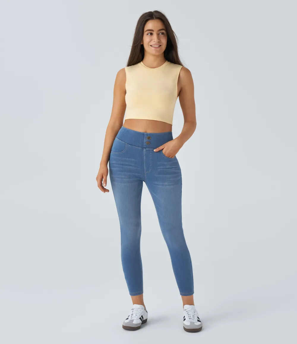 Magic Curvy High Waisted Decorative Button Multiple Pockets Washed Stretchy Knit Casual 7/8 Jeans