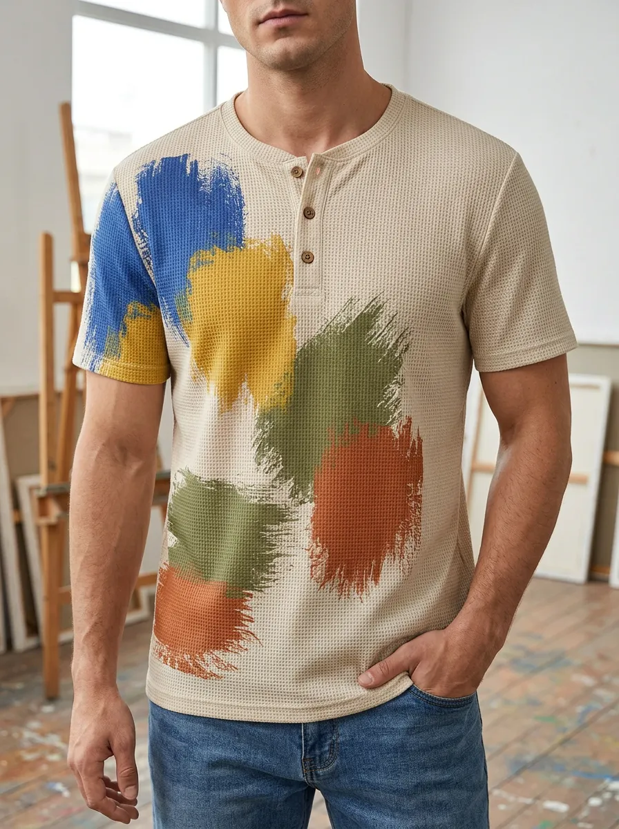 Men's Abstract Paint Splatter Printed Waffle Knit Henley T-shirt