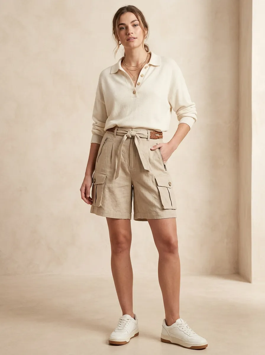 Women's Casual Khaki Belted Cargo Shorts