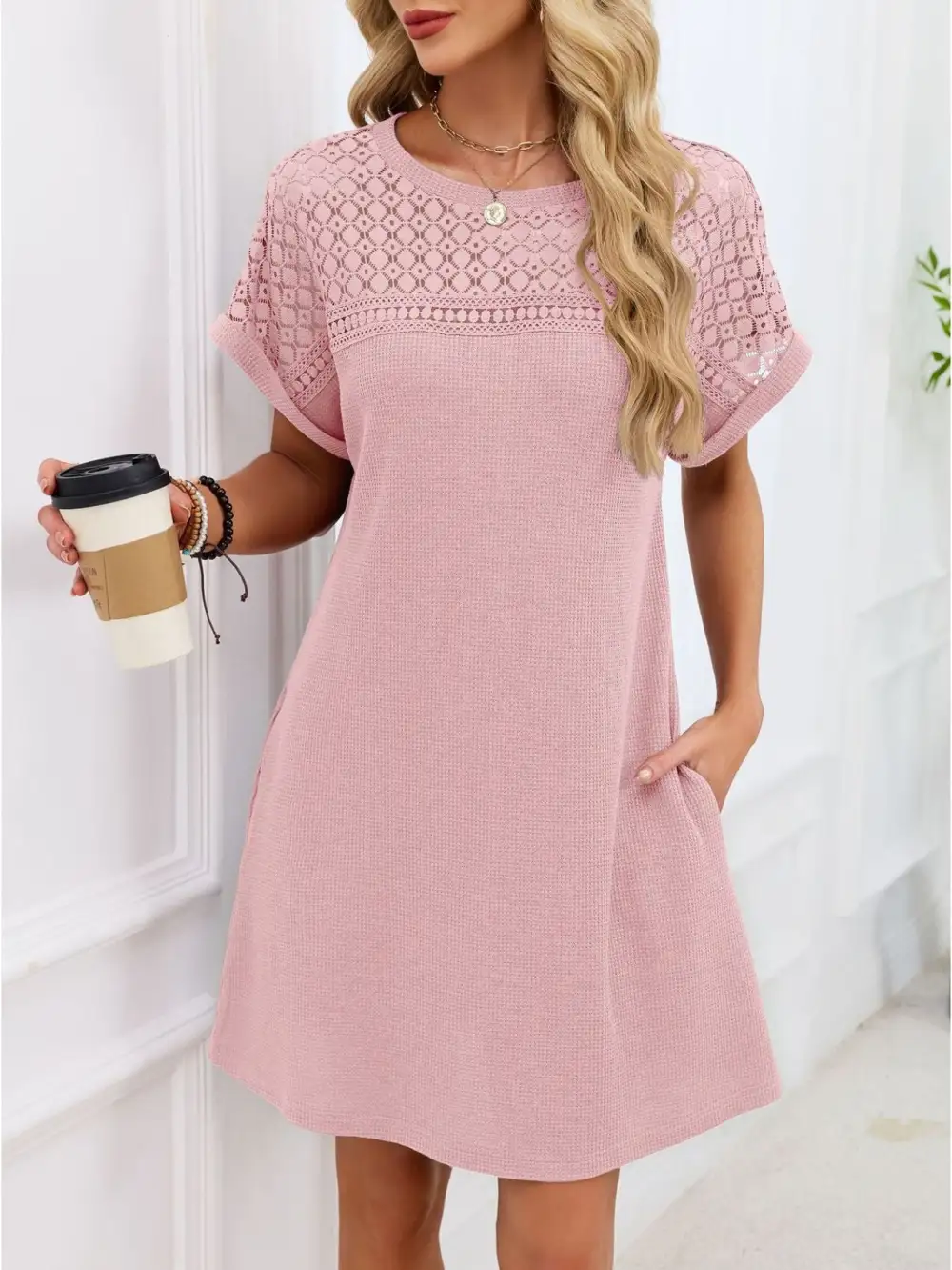 Lace Round Neck Short Sleeve Shirt Dress