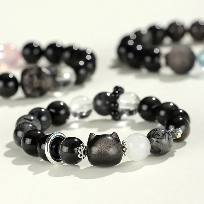 Natural Obsidian Cat Head Fox Planet Bracelet