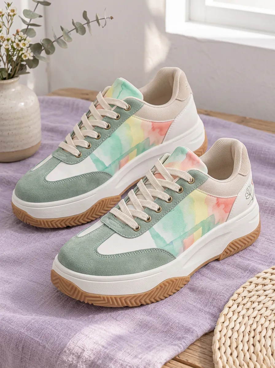 Women's Pastel Watercolor Printed Platform Sneakers