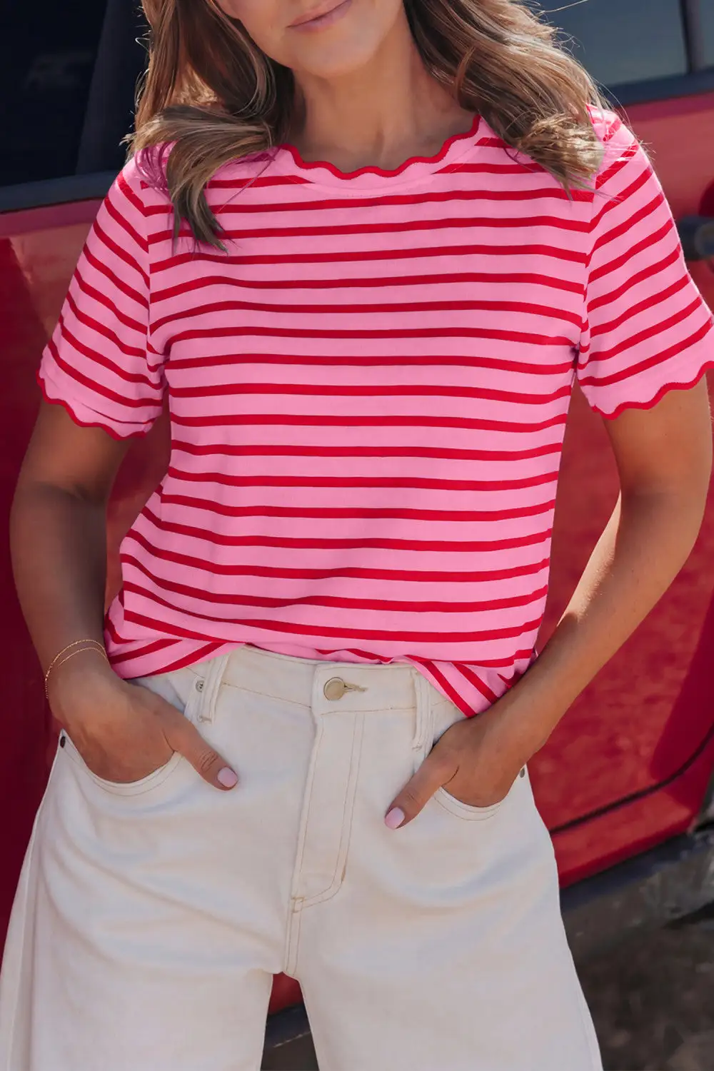 Striped Scalloped Trim Round Neck T Shirt