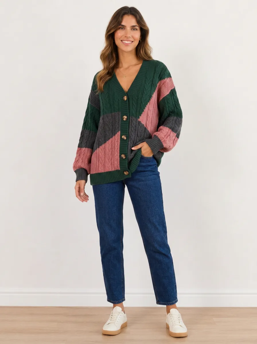 Women's Colorblock Pattern Cable Knit Button Up Cardigan