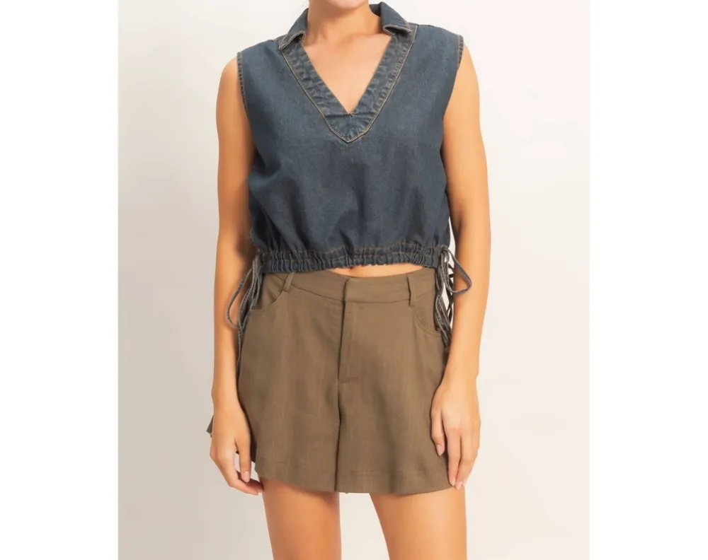Collared V-Neck Drawstring Tank