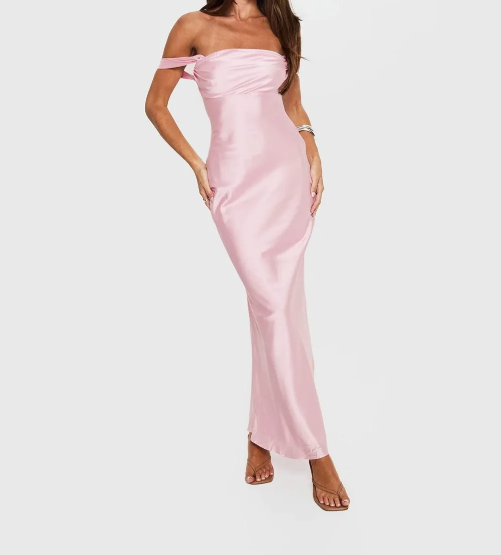 Pink Off-Shoulder Ruched Satin Maxi Dress