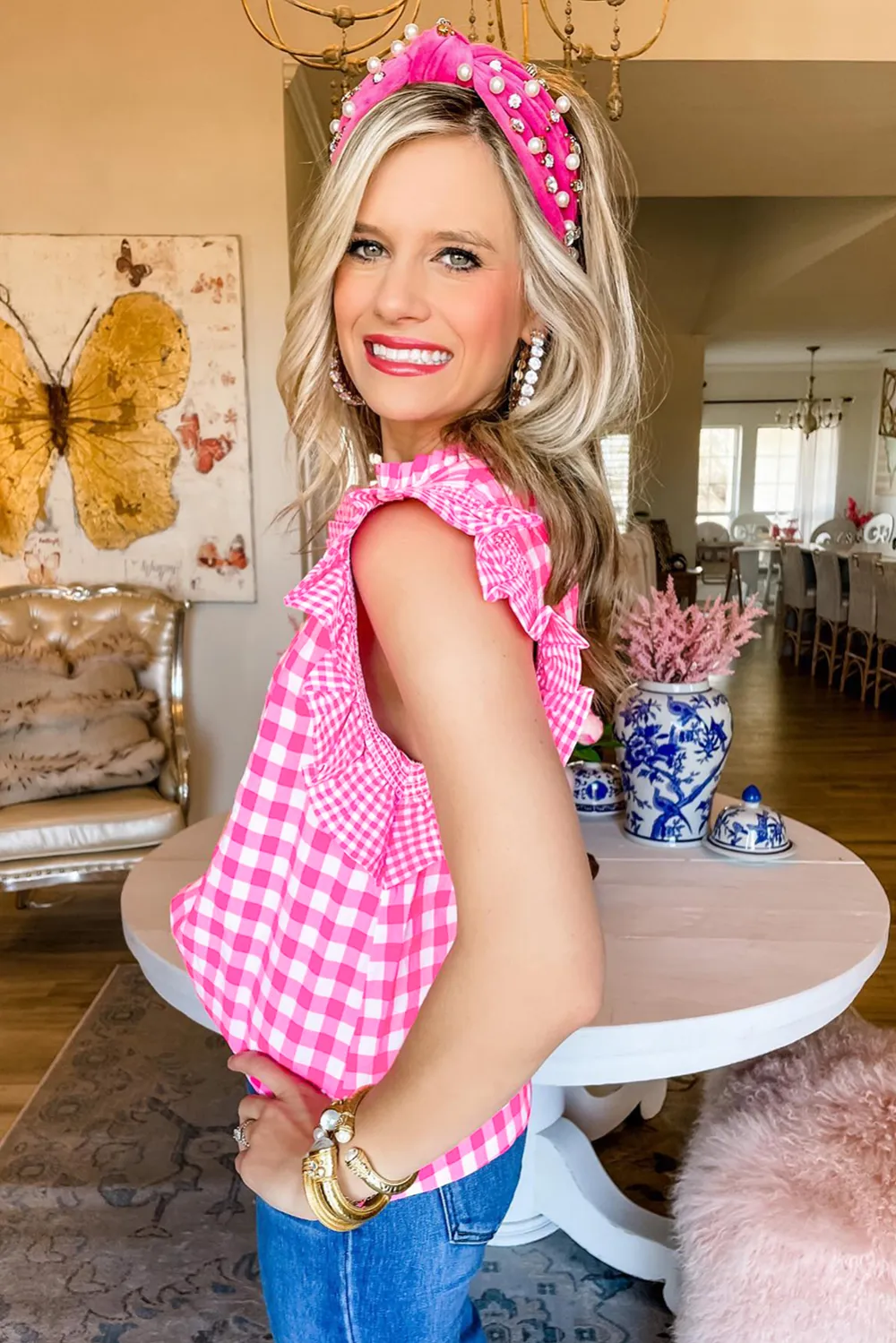 Rose Red Checkered Ruffled Sleeve Blouse