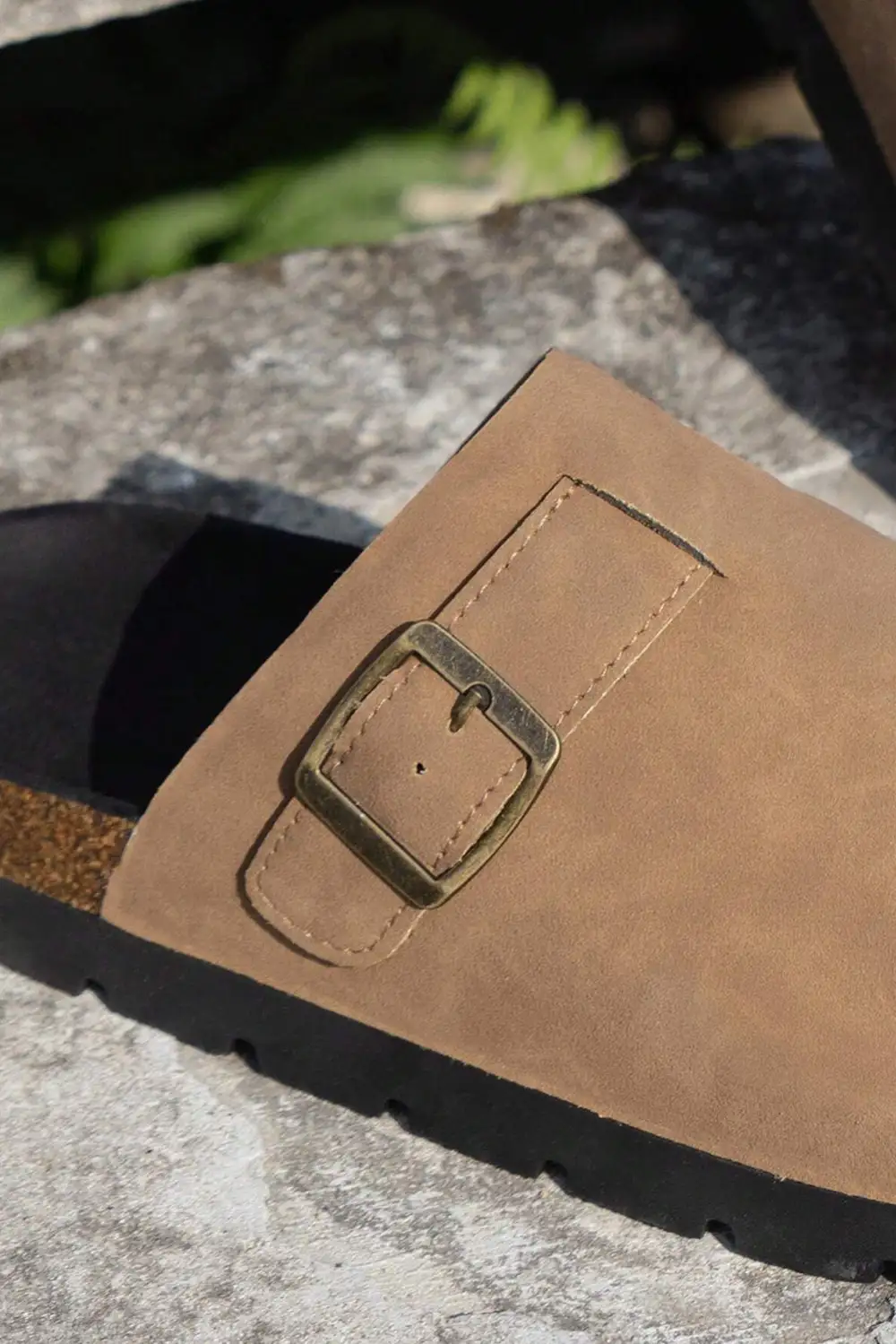 Light French Suede Buckle Detail Slide Slippers