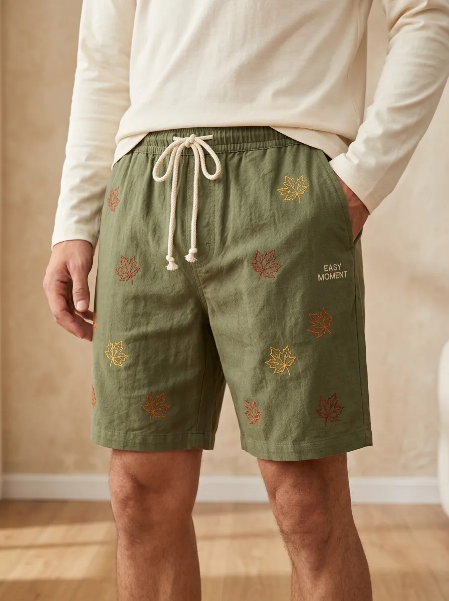 Olive Embroidered Leaf Drawstring Textured Shorts