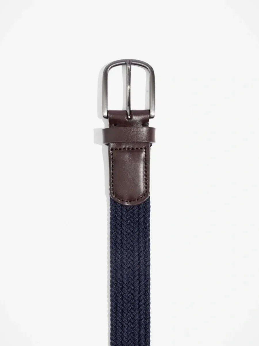 Navy Woven Belt with Leather Accents