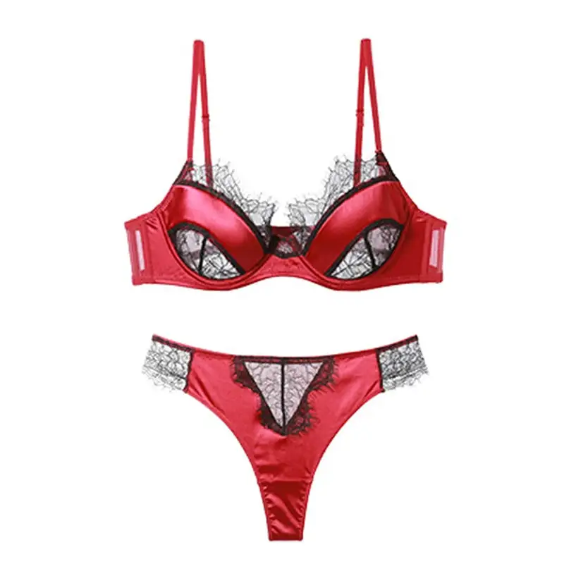 Satin Lace Trim Lingerie Set